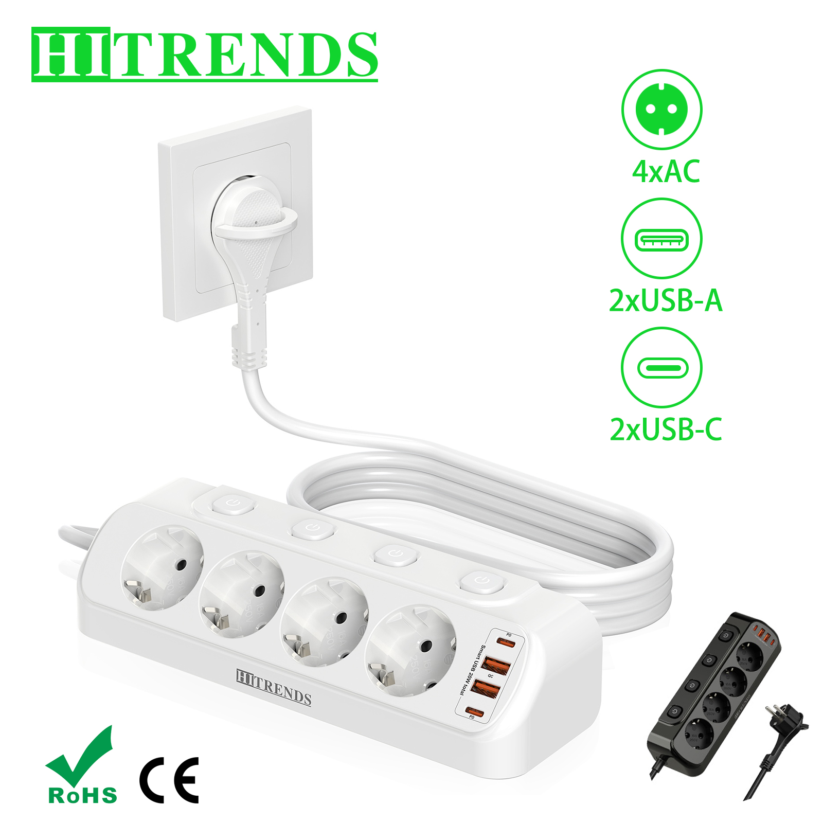 Power Strip Flat - Strip daya soket Desktop multi-kontak, Strip