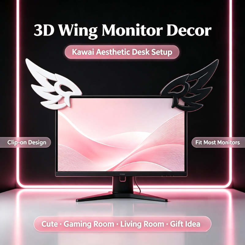 Desk Setup Tech - Dekorasi Sayap 3D Kawaii untuk Monitor
