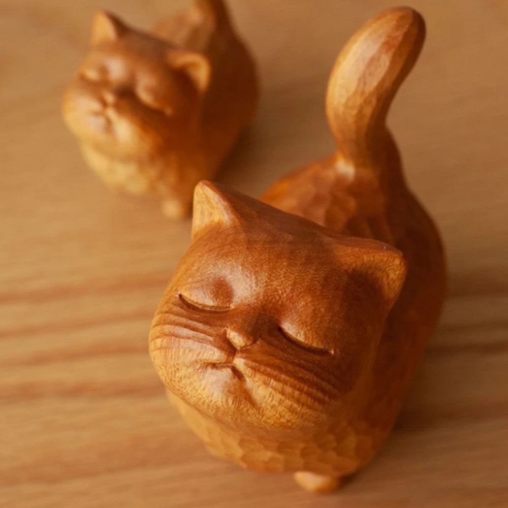 Desk Setup Nature - Hadiah Ornamen Kucing Kayu Kayu Kecil