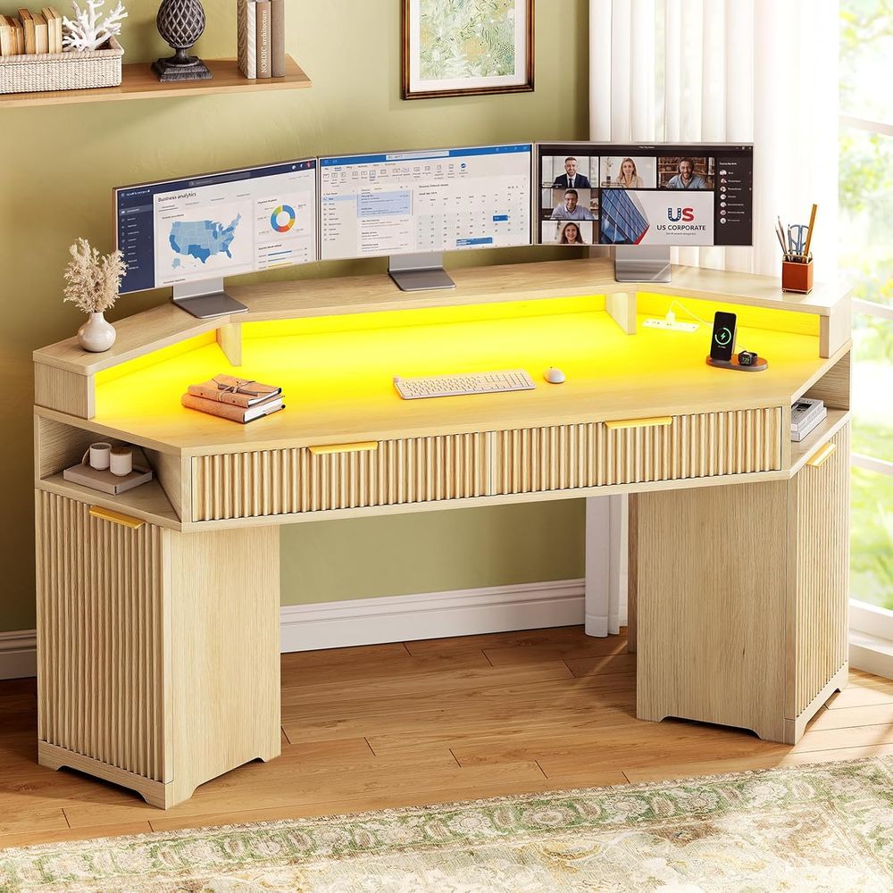 Desk Setup Oak - Setup Meja Ganda, Meja Kantor Diamond