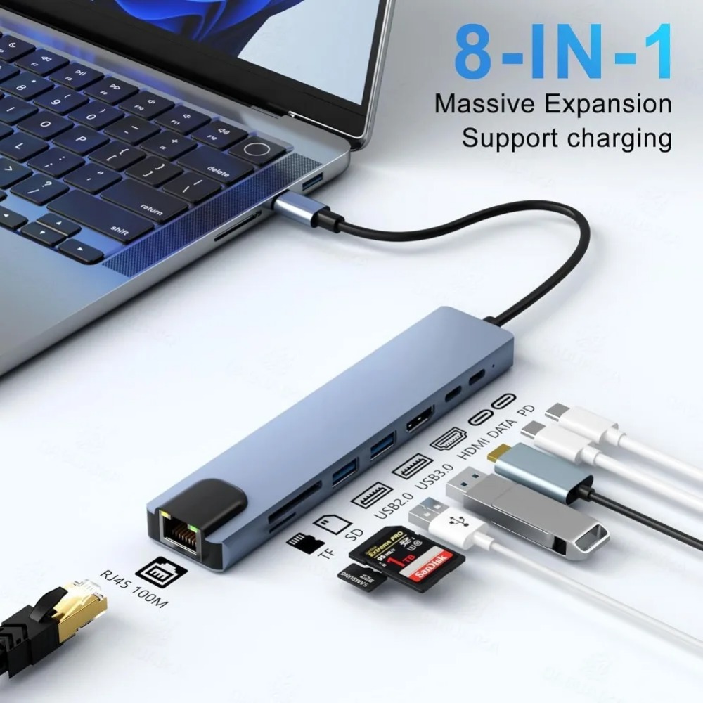 USB C Hub 8/7 in 1 4K HDMI Ada - Desk Setup Usb Hub ulasan dan harga