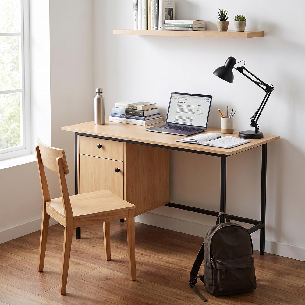 Meja Komputer Kantor Rumah den - Desk Setup Oak ulasan dan harga